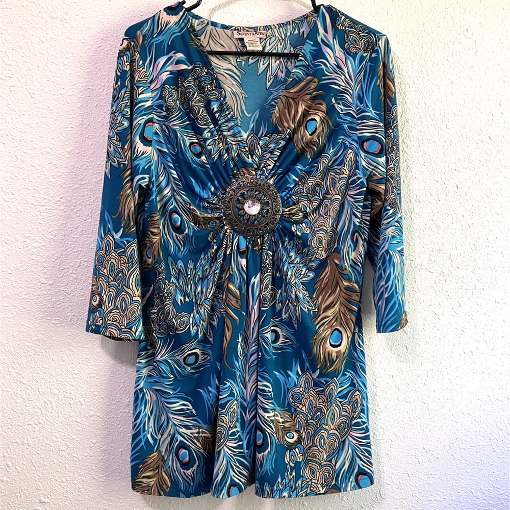 Seventh Avenue Tunic Top Sz L Blue Peacock Feather Stretch Boho Statement